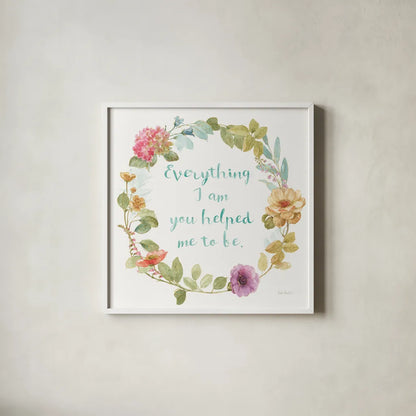 Rainbow Seeds Wreath IV Everything by Lisa Audit. Shown in a crisp white glass frame for a clean and minimalist style. Available as an archival giclee rolled canvas, fine art paper, or poster print. SKU 41680a.