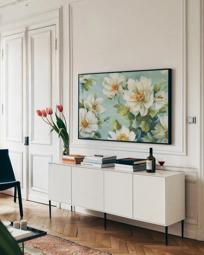 Reflections I Crop by Lisa Audit. shown as a framed stretched canvas in a living room above a console. Available as a archival giclee rolled canvas, fine art paper, or poster print. SKU 13204i.