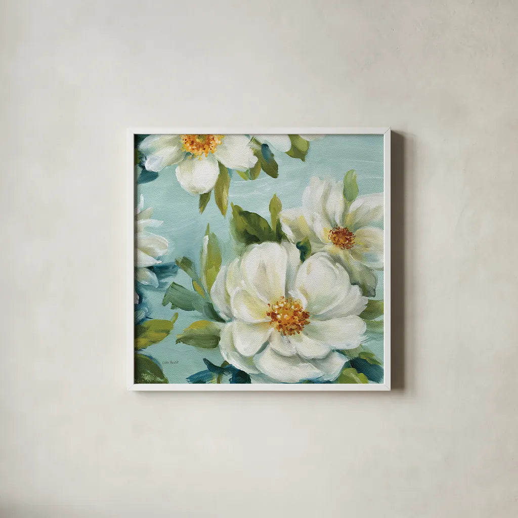 Reflections II Crop by Lisa Audit. Shown in a crisp white glass frame for a clean and minimalist style. Available as an archival giclee rolled canvas, fine art paper, or poster print. SKU 13251a.