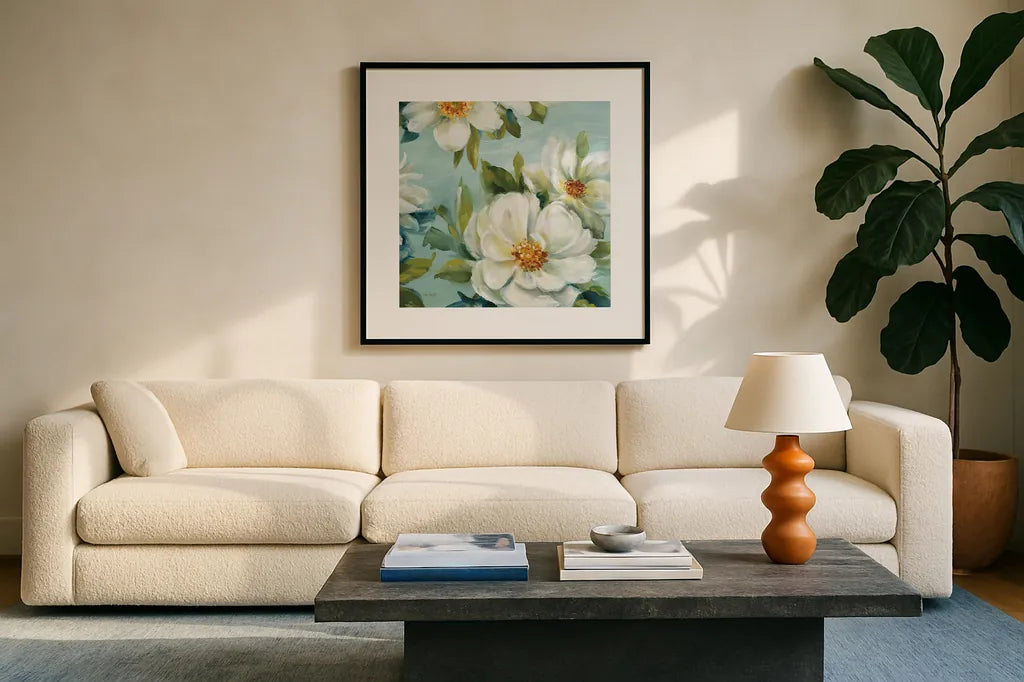 Reflections II Crop by Lisa Audit. Displayed in a glass frame with matte in a clean modern living room. Available as an archival giclee rolled canvas, fine art paper, or poster print. SKU 13251a.