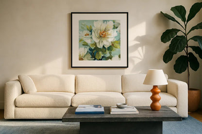 Reflections III Crop by Lisa Audit. Displayed in a glass frame with matte in a clean modern living room. Available as an archival giclee rolled canvas, fine art paper, or poster print. SKU 13252a.