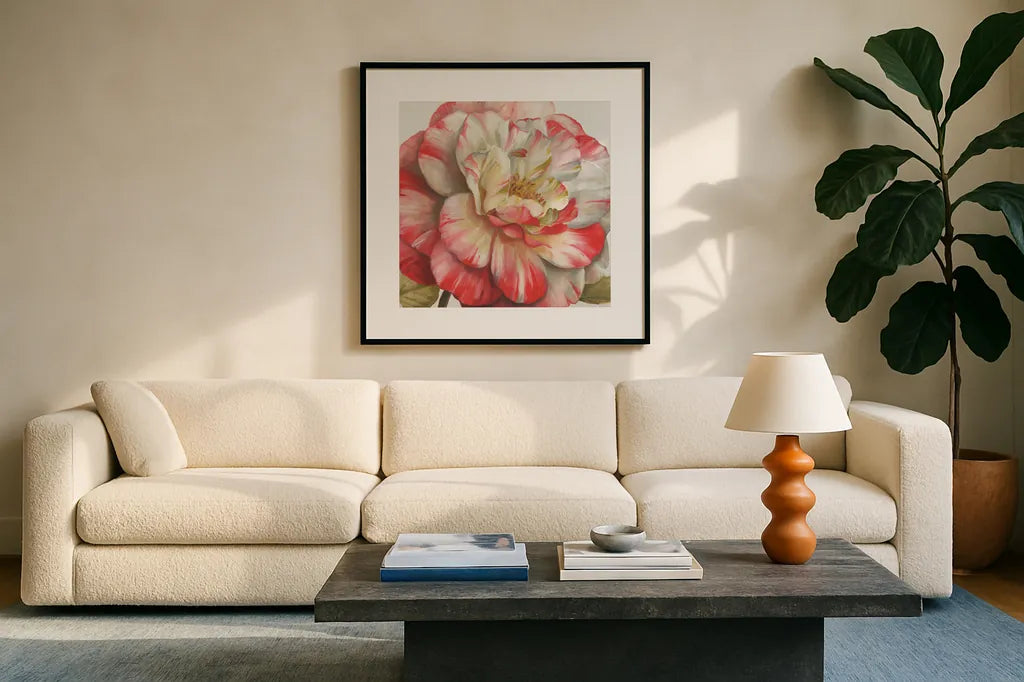 Romantic Afternoon Light Crop II by Lisa Audit. Displayed in a glass frame with matte in a clean modern living room. Available as an archival giclee rolled canvas, fine art paper, or poster print. SKU 18341a.
