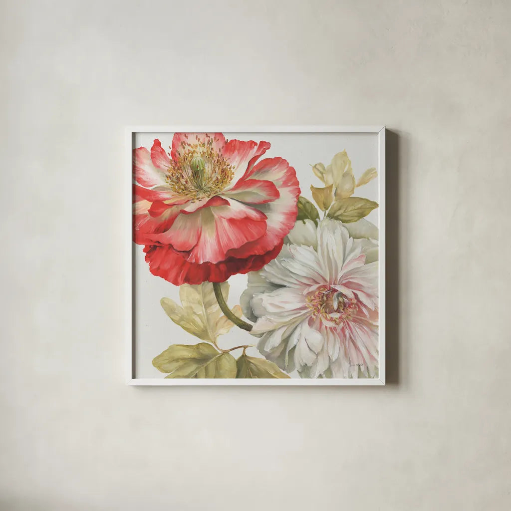 Romantic Afternoon Light Square I by Lisa Audit. Shown in a crisp white glass frame for a clean and minimalist style. Available as an archival giclee rolled canvas, fine art paper, or poster print. SKU 16909a.