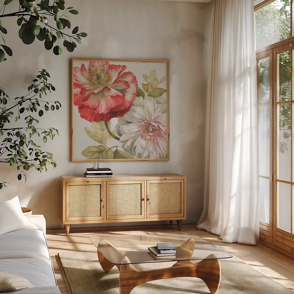 Romantic Afternoon Light Square I by Lisa Audit. Shown in a natural wood frame in a cozy modern living room. Available as an archival giclee rolled canvas, fine art paper, or poster print. SKU 16909a.