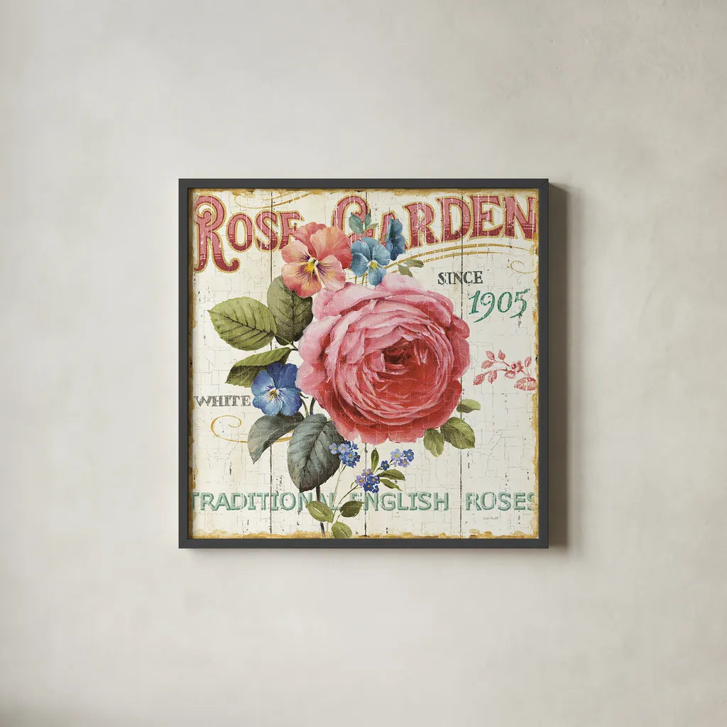 Rose Garden I by Lisa Audit. Shown in a sleek black glass frame for a contemporary gallery look. Available as an archival giclee rolled canvas, fine art paper, or poster print. SKU 10711a.