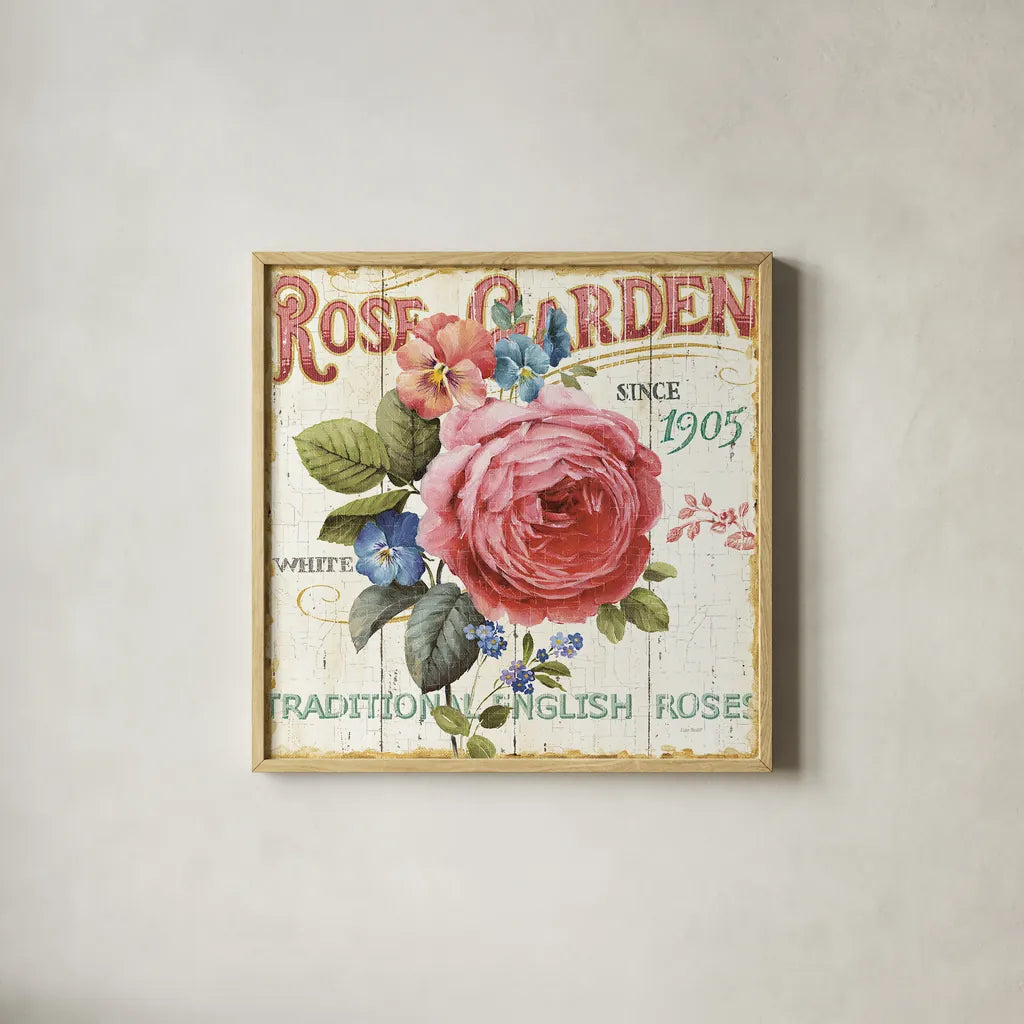 Rose Garden I by Lisa Audit. Shown in a natural wood glass frame for a timeless modern aesthetic. Available as an archival giclee rolled canvas, fine art paper, or poster print. SKU 10711a.