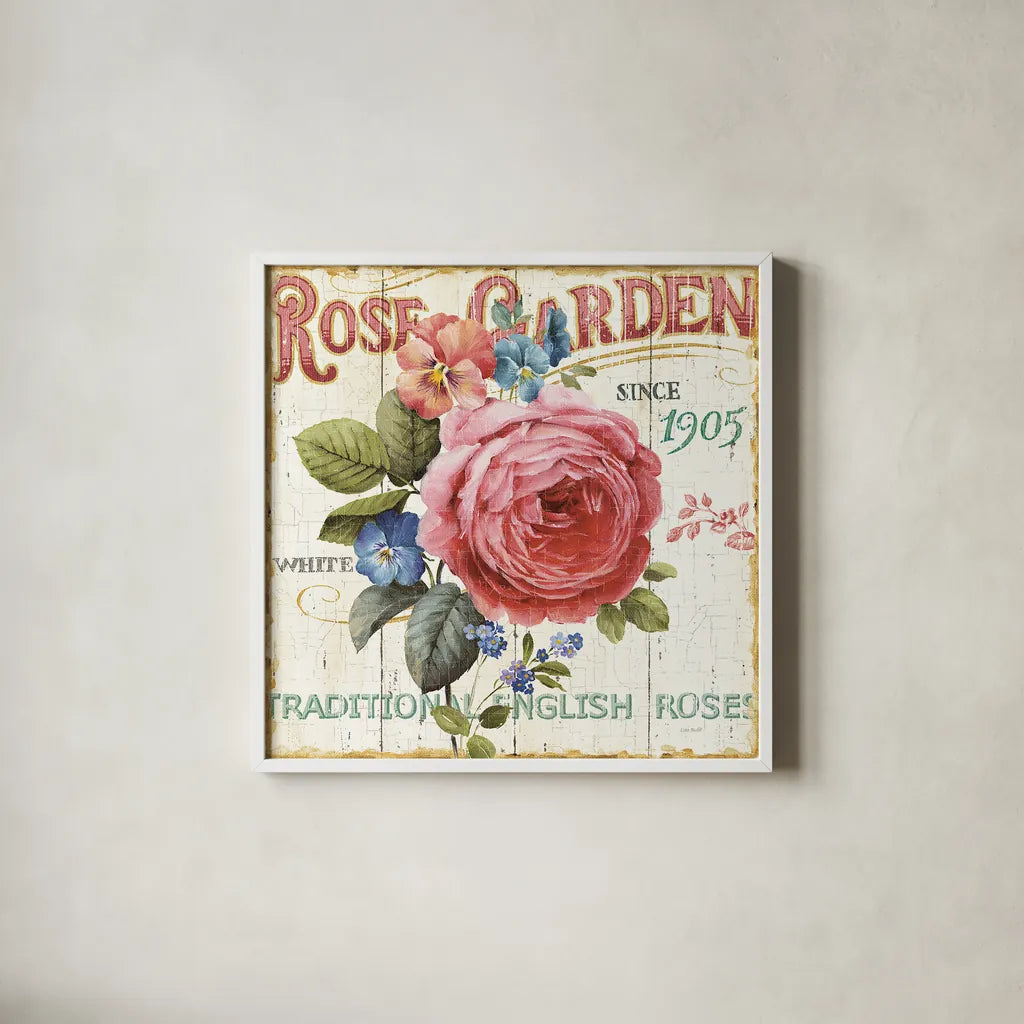 Rose Garden I by Lisa Audit. Shown in a crisp white glass frame for a clean and minimalist style. Available as an archival giclee rolled canvas, fine art paper, or poster print. SKU 10711a.
