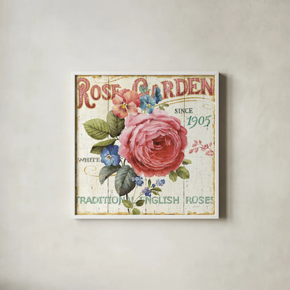 Rose Garden I by Lisa Audit. Shown in a crisp white glass frame for a clean and minimalist style. Available as an archival giclee rolled canvas, fine art paper, or poster print. SKU 10711a.