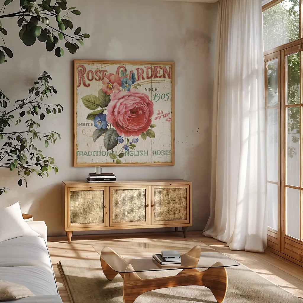 Rose Garden I by Lisa Audit. Shown in a natural wood frame in a cozy modern living room. Available as an archival giclee rolled canvas, fine art paper, or poster print. SKU 10711a.