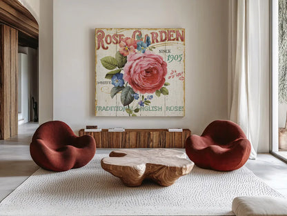 Rose Garden I by Lisa Audit. Shown as extra-large giant wall art in a modern living room. Available as an archival giclee rolled canvas, fine art paper, or poster print. SKU 10711a.