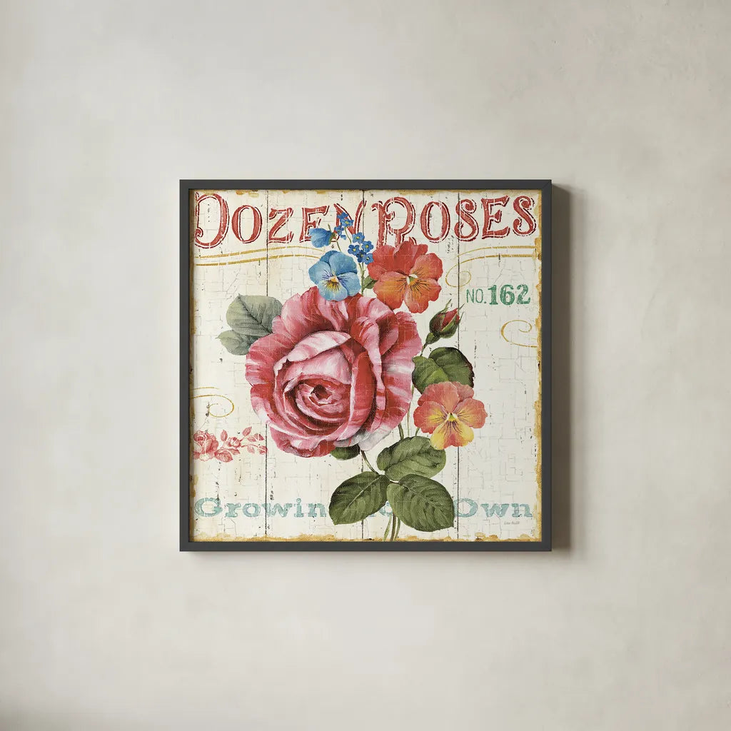 Rose Garden II by Lisa Audit. Shown in a sleek black glass frame for a contemporary gallery look. Available as an archival giclee rolled canvas, fine art paper, or poster print. SKU 10712a.