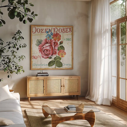 Rose Garden II by Lisa Audit. Shown in a natural wood frame in a cozy modern living room. Available as an archival giclee rolled canvas, fine art paper, or poster print. SKU 10712a.