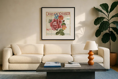 Rose Garden II by Lisa Audit. Displayed in a glass frame with matte in a clean modern living room. Available as an archival giclee rolled canvas, fine art paper, or poster print. SKU 10712a.