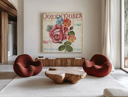Rose Garden II by Lisa Audit. Shown as extra-large giant wall art in a modern living room. Available as an archival giclee rolled canvas, fine art paper, or poster print. SKU 10712a.