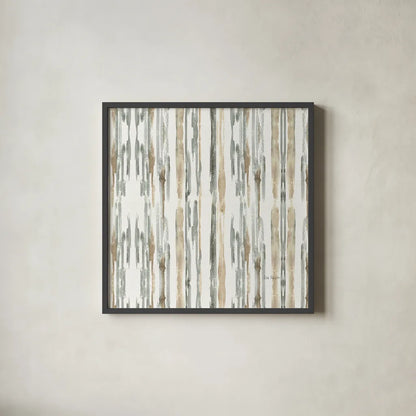 Sand and Sea Gold Stripes by Lisa Audit. Shown in a sleek black glass frame for a contemporary gallery look. Available as an archival giclee rolled canvas, fine art paper, or poster print. SKU 18891a.