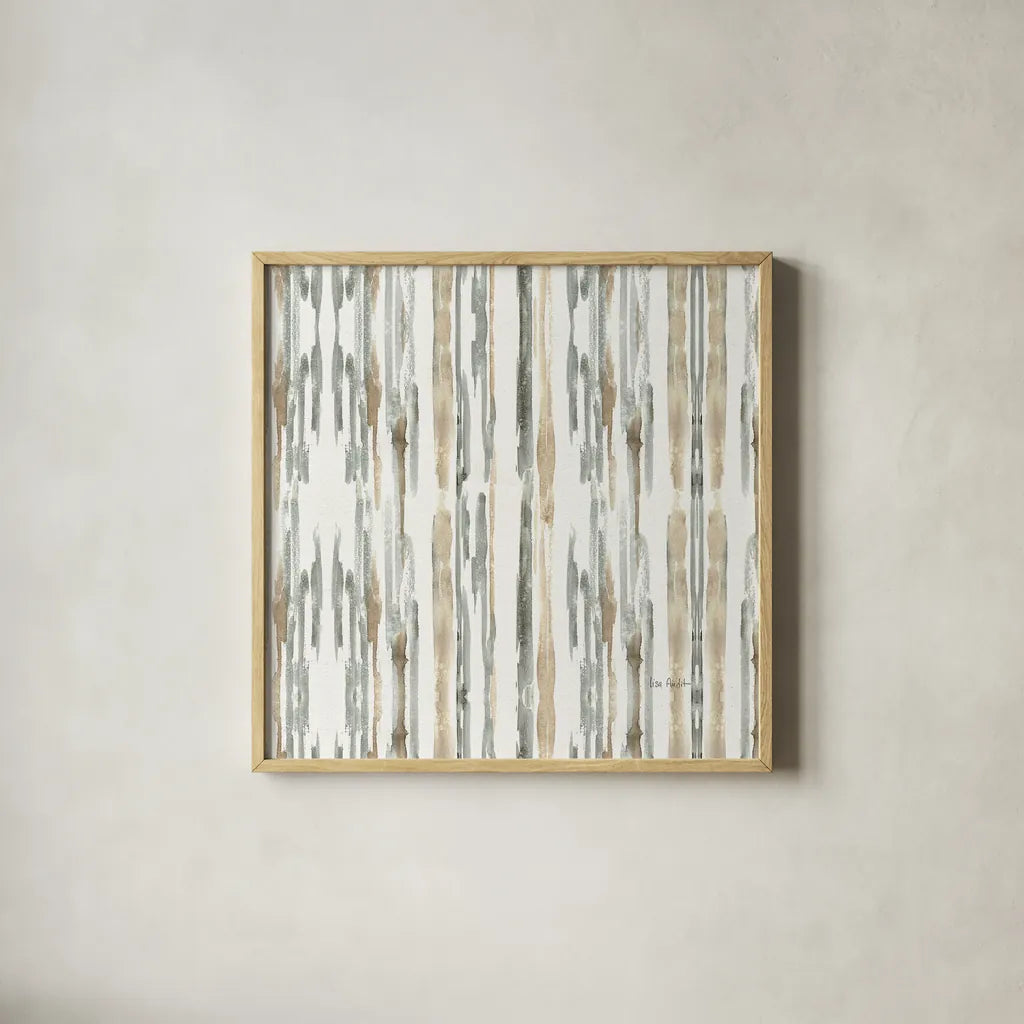 Sand and Sea Gold Stripes by Lisa Audit. Shown in a natural wood glass frame for a timeless modern aesthetic. Available as an archival giclee rolled canvas, fine art paper, or poster print. SKU 18891a.