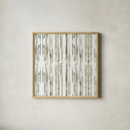 Sand and Sea Gold Stripes by Lisa Audit. Shown in a natural wood glass frame for a timeless modern aesthetic. Available as an archival giclee rolled canvas, fine art paper, or poster print. SKU 18891a.