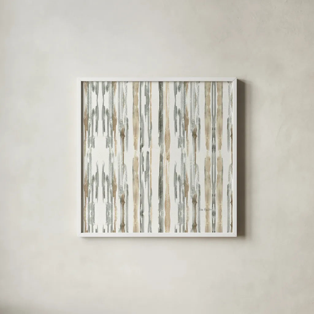 Sand and Sea Gold Stripes by Lisa Audit. Shown in a crisp white glass frame for a clean and minimalist style. Available as an archival giclee rolled canvas, fine art paper, or poster print. SKU 18891a.