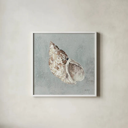 Sand and Seashells II by Lisa Audit. Shown in a crisp white glass frame for a clean and minimalist style. Available as an archival giclee rolled canvas, fine art paper, or poster print. SKU 16900a.