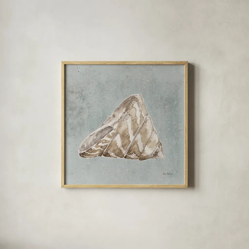 Sand and Seashells IV Left by Lisa Audit. Shown in a natural wood glass frame for a timeless modern aesthetic. Available as an archival giclee rolled canvas, fine art paper, or poster print. SKU 50063a.