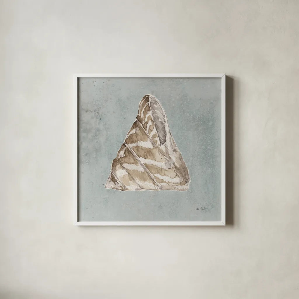 Sand and Seashells IV Right by Lisa Audit. Shown in a crisp white glass frame for a clean and minimalist style. Available as an archival giclee rolled canvas, fine art paper, or poster print. SKU 50064a.
