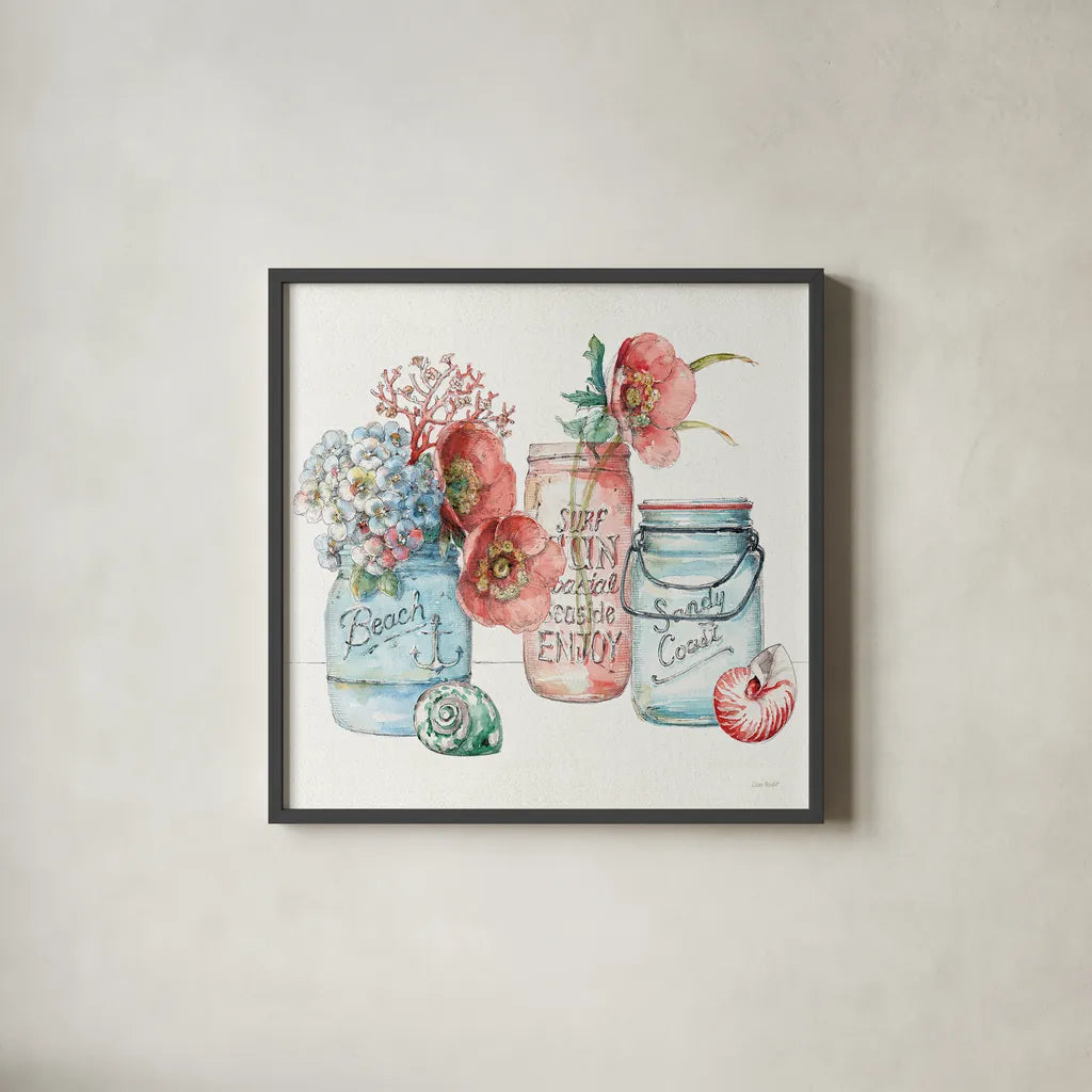 Sea Finds VII by Lisa Audit. Shown in a sleek black glass frame for a contemporary gallery look. Available as an archival giclee rolled canvas, fine art paper, or poster print. SKU 20817a.