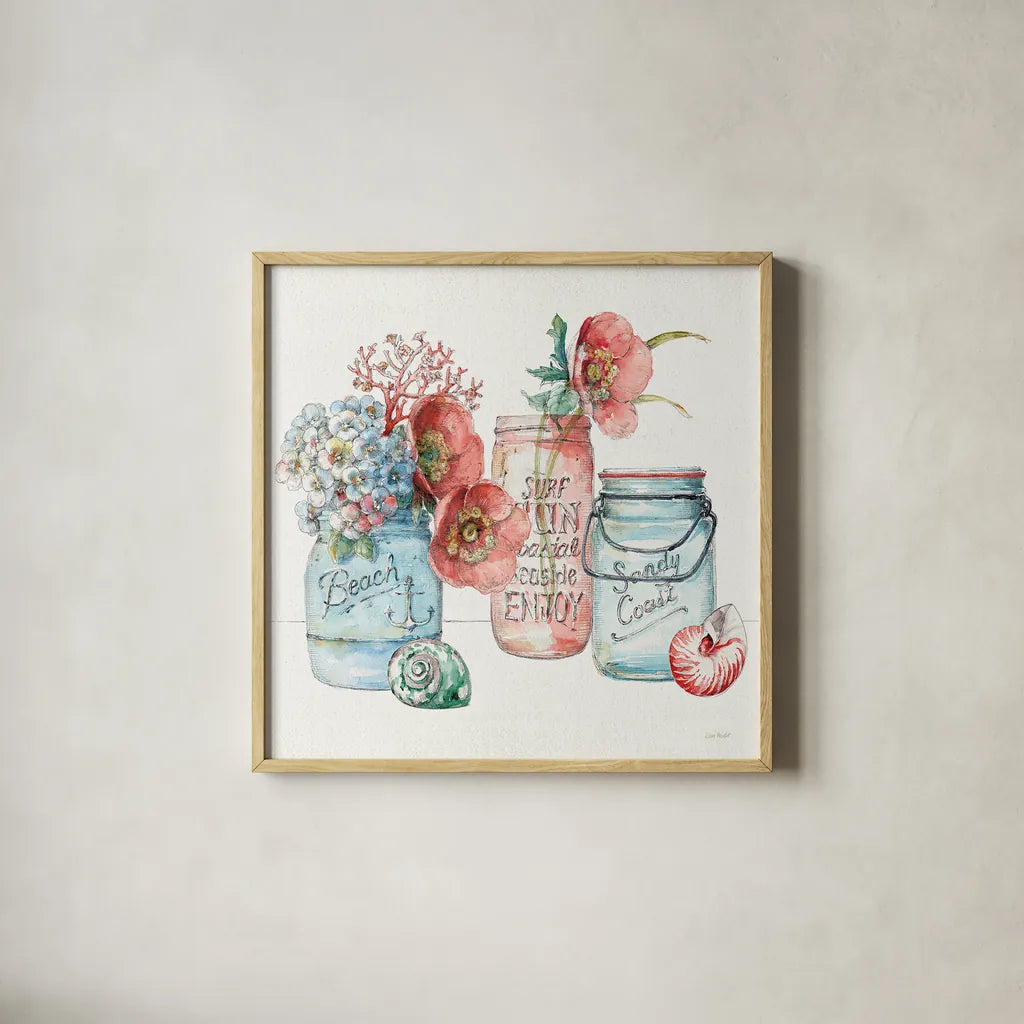 Sea Finds VII by Lisa Audit. Shown in a natural wood glass frame for a timeless modern aesthetic. Available as an archival giclee rolled canvas, fine art paper, or poster print. SKU 20817a.