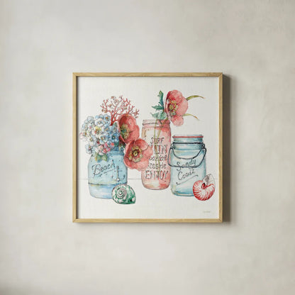 Sea Finds VII by Lisa Audit. Shown in a natural wood glass frame for a timeless modern aesthetic. Available as an archival giclee rolled canvas, fine art paper, or poster print. SKU 20817a.