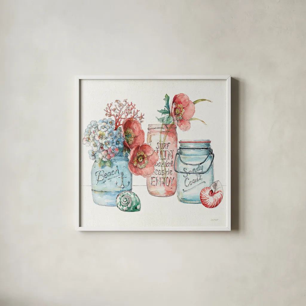 Sea Finds VII by Lisa Audit. Shown in a crisp white glass frame for a clean and minimalist style. Available as an archival giclee rolled canvas, fine art paper, or poster print. SKU 20817a.