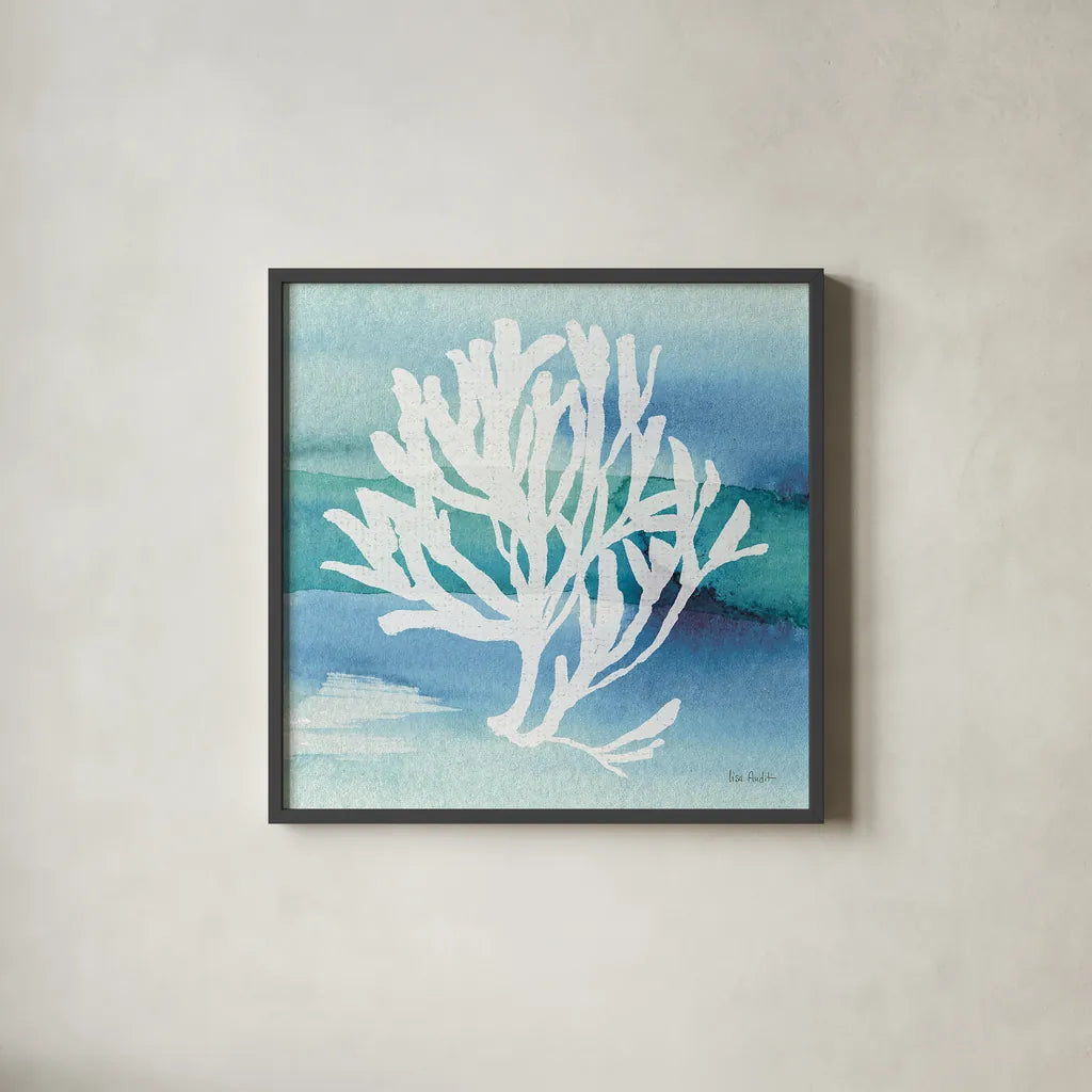 Sea Life Coral I by Lisa Audit. Shown in a sleek black glass frame for a contemporary gallery look. Available as an archival giclee rolled canvas, fine art paper, or poster print. SKU 16812a.