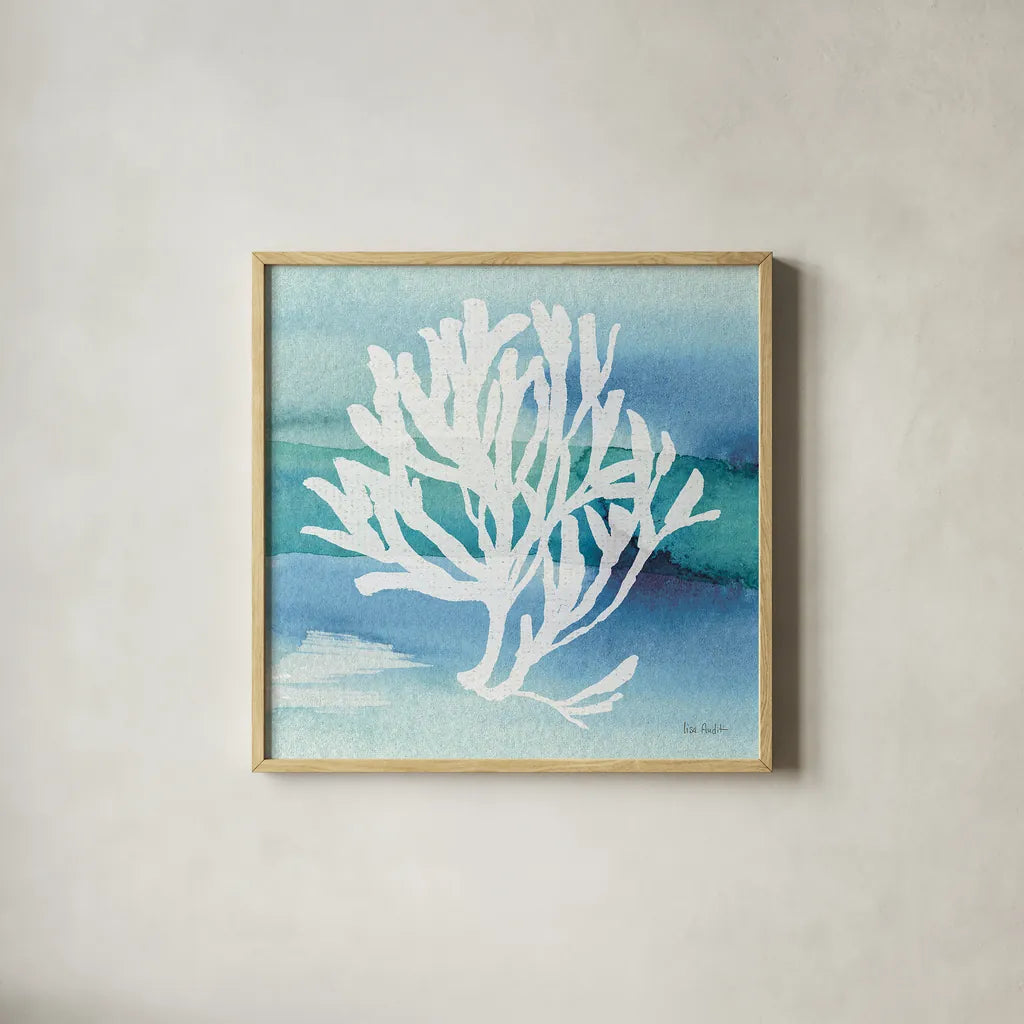 Sea Life Coral I by Lisa Audit. Shown in a natural wood glass frame for a timeless modern aesthetic. Available as an archival giclee rolled canvas, fine art paper, or poster print. SKU 16812a.