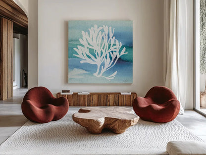 Sea Life Coral I by Lisa Audit. Shown as extra-large giant wall art in a modern living room. Available as an archival giclee rolled canvas, fine art paper, or poster print. SKU 16812a.
