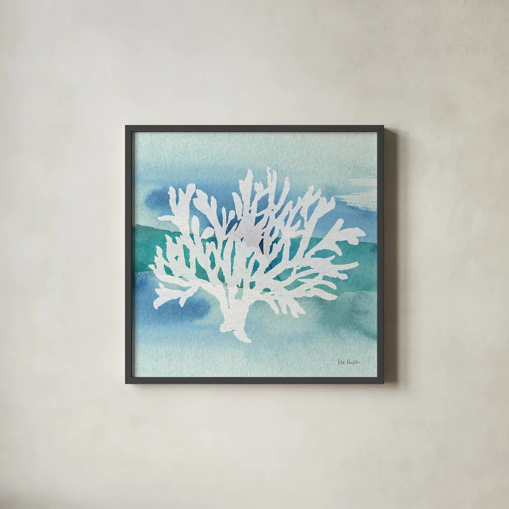 Sea Life Coral II by Lisa Audit. Shown in a sleek black glass frame for a contemporary gallery look. Available as an archival giclee rolled canvas, fine art paper, or poster print. SKU 16813a.