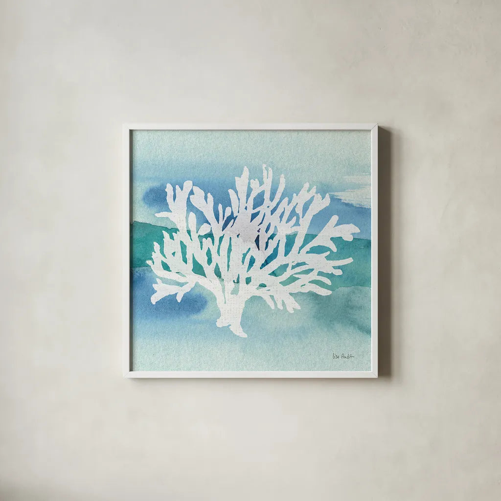 Sea Life Coral II by Lisa Audit. Shown in a crisp white glass frame for a clean and minimalist style. Available as an archival giclee rolled canvas, fine art paper, or poster print. SKU 16813a.