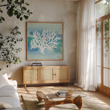 Sea Life Coral II by Lisa Audit. Shown in a natural wood frame in a cozy modern living room. Available as an archival giclee rolled canvas, fine art paper, or poster print. SKU 16813a.