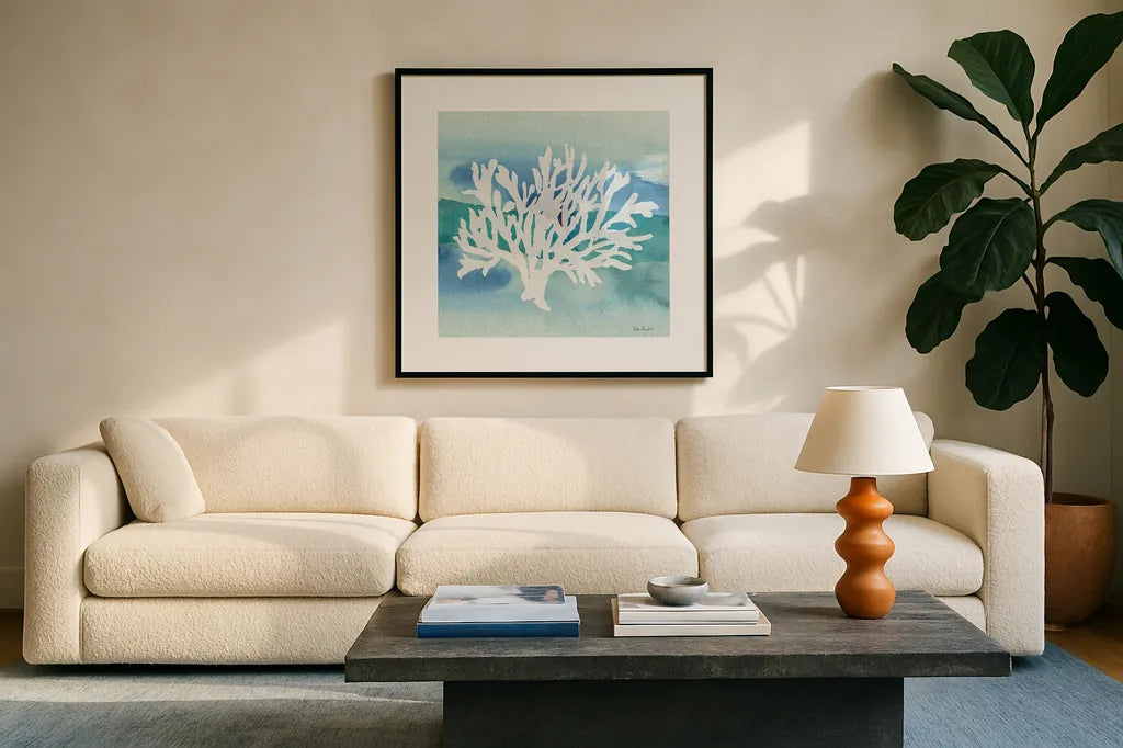 Sea Life Coral II by Lisa Audit. Displayed in a glass frame with matte in a clean modern living room. Available as an archival giclee rolled canvas, fine art paper, or poster print. SKU 16813a.