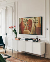 Southern Tones I by Lisa Audit. shown as a framed stretched canvas in a living room above a console. Available as a archival giclee rolled canvas, fine art paper, or poster print. SKU 14876i.