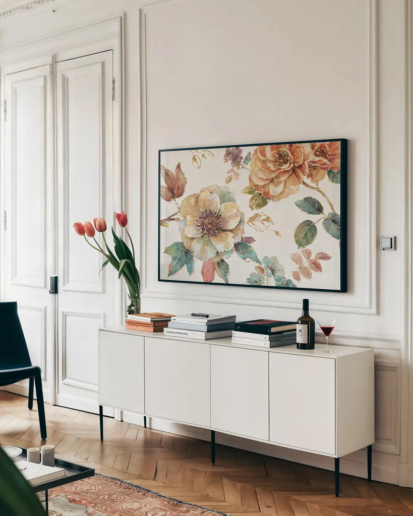 Spiced Nature I Soft White by Lisa Audit. shown as a framed stretched canvas in a living room above a console. Available as a archival giclee rolled canvas, fine art paper, or poster print. SKU 35089i.