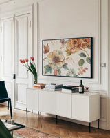 Spiced Nature I Soft White by Lisa Audit. shown as a framed stretched canvas in a living room above a console. Available as a archival giclee rolled canvas, fine art paper, or poster print. SKU 35089i.