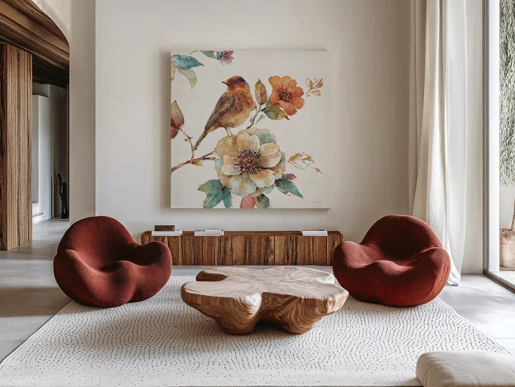 Spiced Nature II Soft White by Lisa Audit. Shown as extra-large giant wall art in a modern living room. Available as an archival giclee rolled canvas, fine art paper, or poster print. SKU 35090a.
