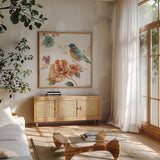 Spiced Nature III Soft White by Lisa Audit. Shown in a natural wood frame in a cozy modern living room. Available as an archival giclee rolled canvas, fine art paper, or poster print. SKU 35091a.