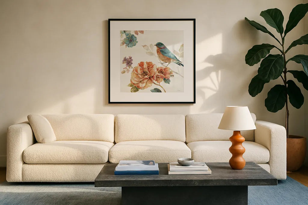 Spiced Nature III Soft White by Lisa Audit. Displayed in a glass frame with matte in a clean modern living room. Available as an archival giclee rolled canvas, fine art paper, or poster print. SKU 35091a.