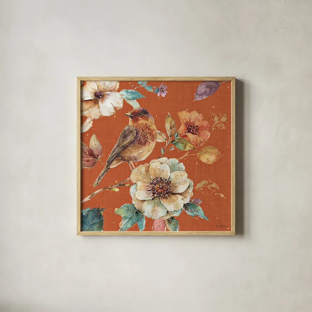 Spiced Nature XVI Spice by Lisa Audit. Shown in a natural wood glass frame for a timeless modern aesthetic. Available as an archival giclee rolled canvas, fine art paper, or poster print. SKU 27137a.