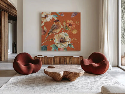 Spiced Nature XVI Spice by Lisa Audit. Shown as extra-large giant wall art in a modern living room. Available as an archival giclee rolled canvas, fine art paper, or poster print. SKU 27137a.