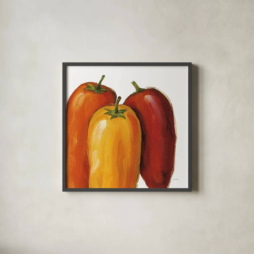 Spicy on White by Lisa Audit. Shown in a sleek black glass frame for a contemporary gallery look. Available as an archival giclee rolled canvas, fine art paper, or poster print. SKU 68122a.