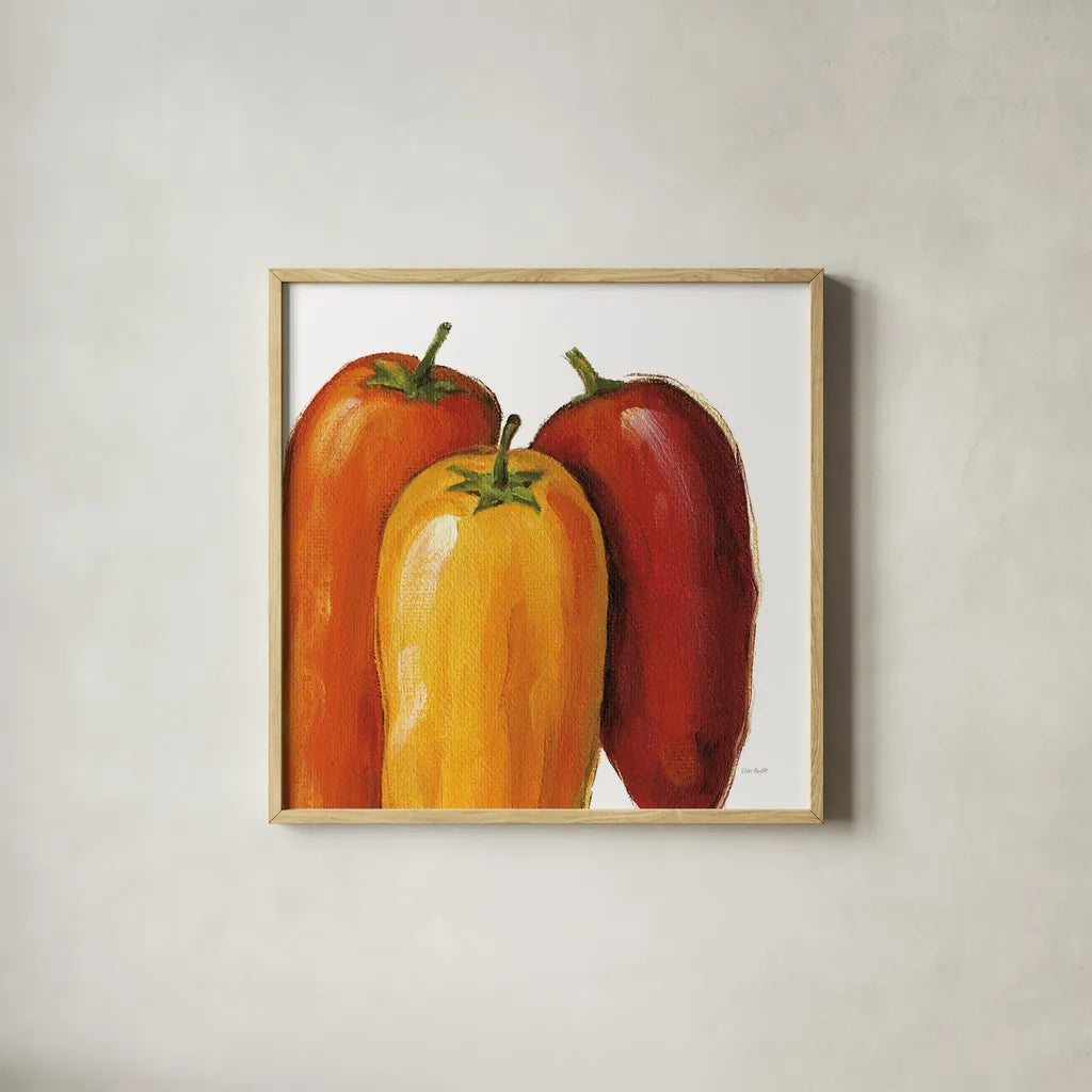 Spicy on White by Lisa Audit. Shown in a natural wood glass frame for a timeless modern aesthetic. Available as an archival giclee rolled canvas, fine art paper, or poster print. SKU 68122a.
