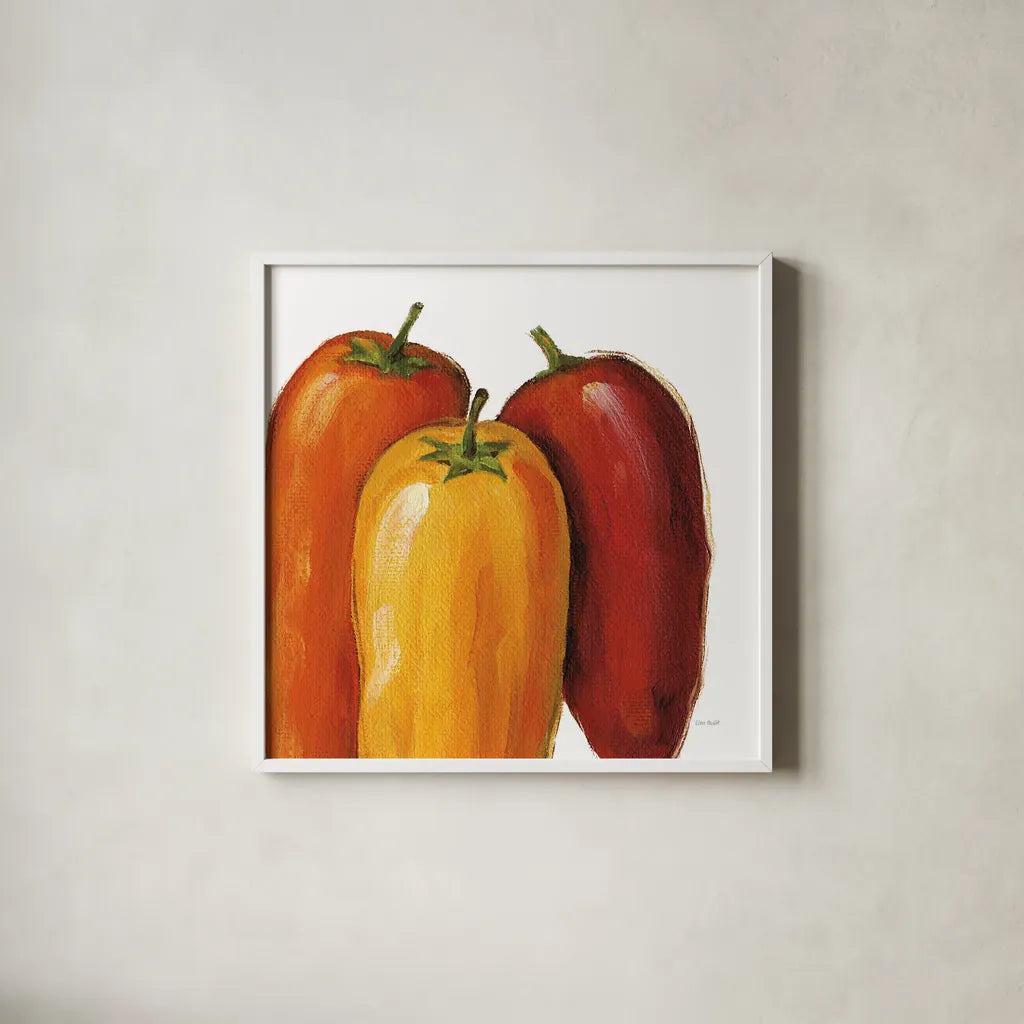 Spicy on White by Lisa Audit. Shown in a crisp white glass frame for a clean and minimalist style. Available as an archival giclee rolled canvas, fine art paper, or poster print. SKU 68122a.