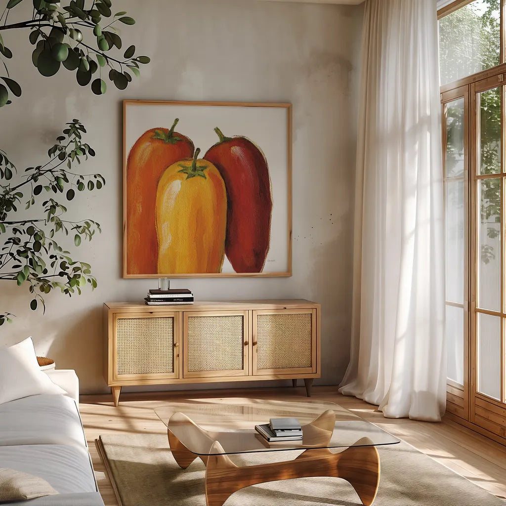 Spicy on White by Lisa Audit. Shown in a natural wood frame in a cozy modern living room. Available as an archival giclee rolled canvas, fine art paper, or poster print. SKU 68122a.