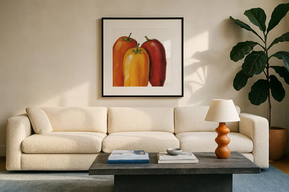 Spicy on White by Lisa Audit. Displayed in a glass frame with matte in a clean modern living room. Available as an archival giclee rolled canvas, fine art paper, or poster print. SKU 68122a.