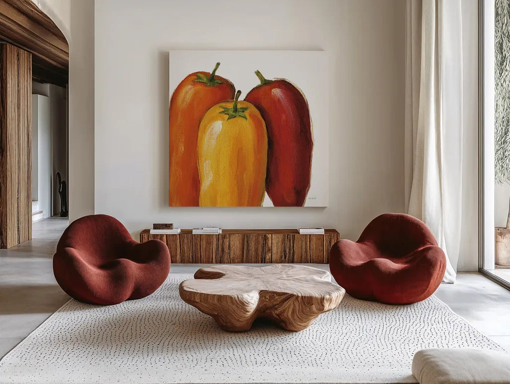 Spicy on White by Lisa Audit. Shown as extra-large giant wall art in a modern living room. Available as an archival giclee rolled canvas, fine art paper, or poster print. SKU 68122a.